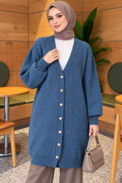 Lace-Patterned V-Neck Long Knit Cardigan Blue