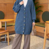 Lace-Patterned V-Neck Long Knit Cardigan Blue - Image 2