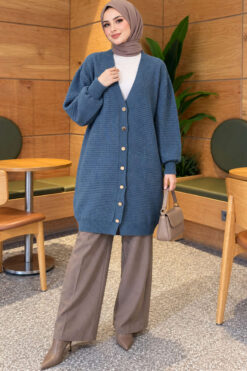 Alternative view of Lace-Patterned V-Neck Long Knit Cardigan Blue