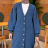 Lace-Patterned V-Neck Long Knit Cardigan Blue - Image 3
