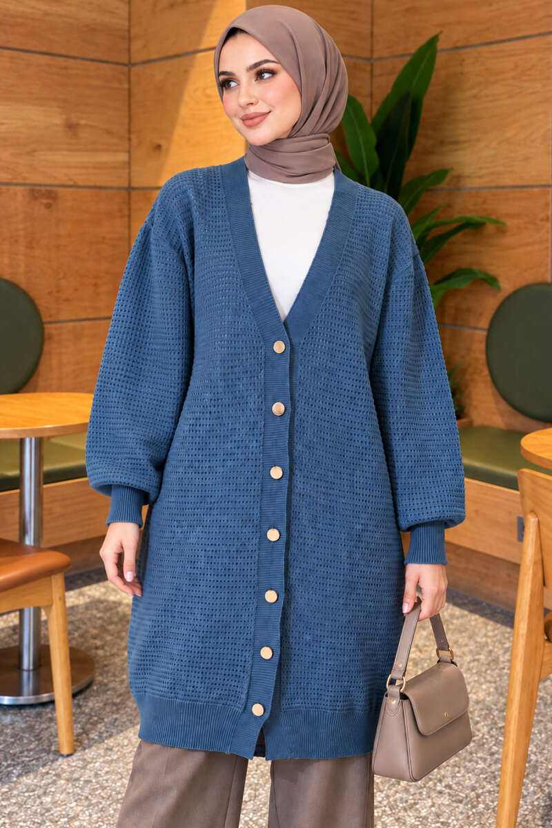 Lace-Patterned V-Neck Long Knit Cardigan Blue - Image 3