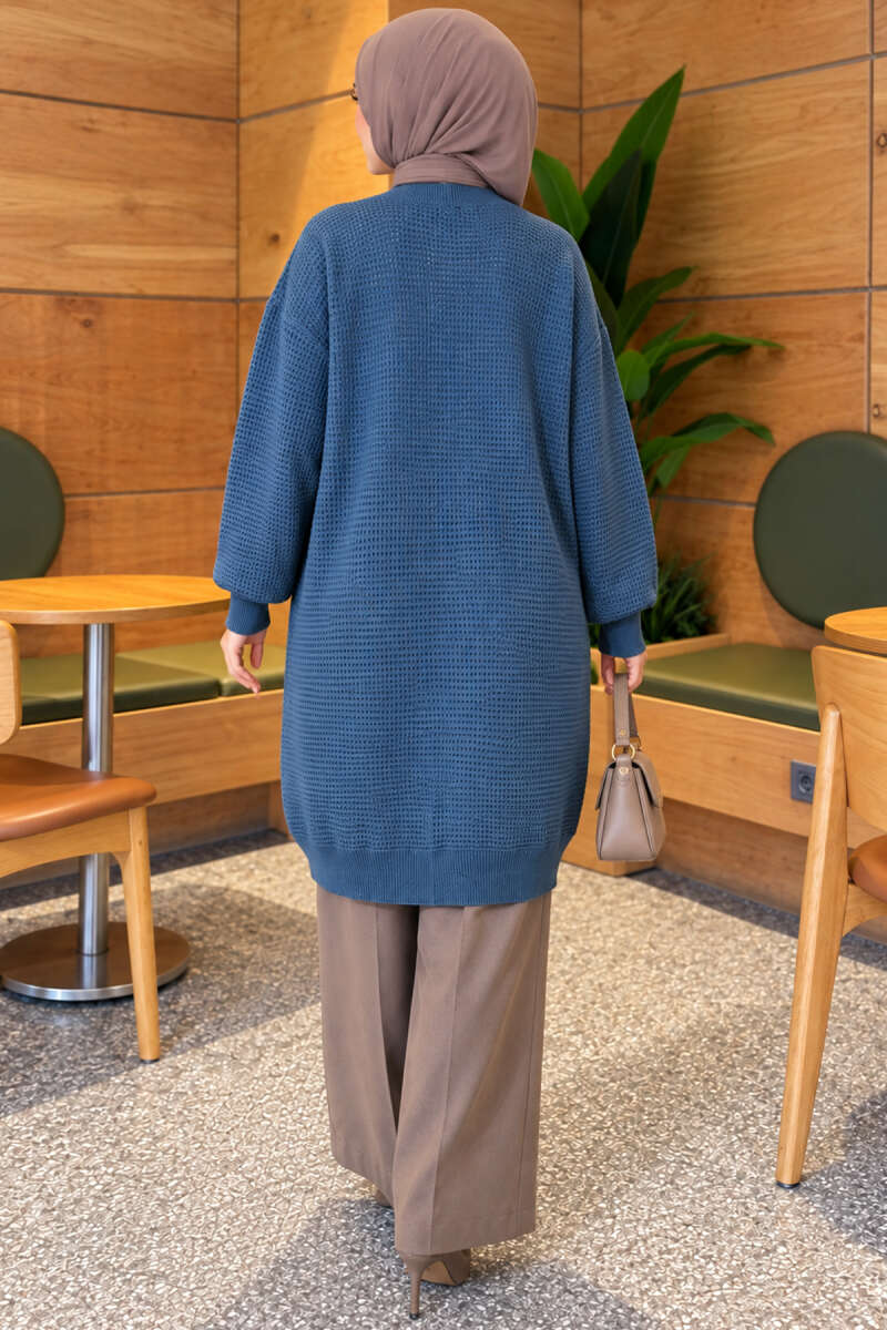 Lace-Patterned V-Neck Long Knit Cardigan Blue - Image 4