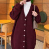 Lace-Patterned V-Neck Long Knit Cardigan Plum