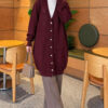Lace-Patterned V-Neck Long Knit Cardigan Plum - Image 2