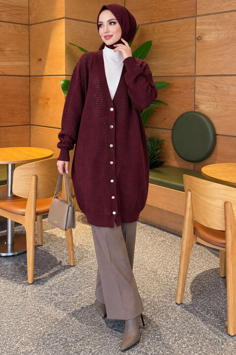 Lace-Patterned V-Neck Long Knit Cardigan Plum - Image 2