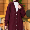 Lace-Patterned V-Neck Long Knit Cardigan Plum - Image 3