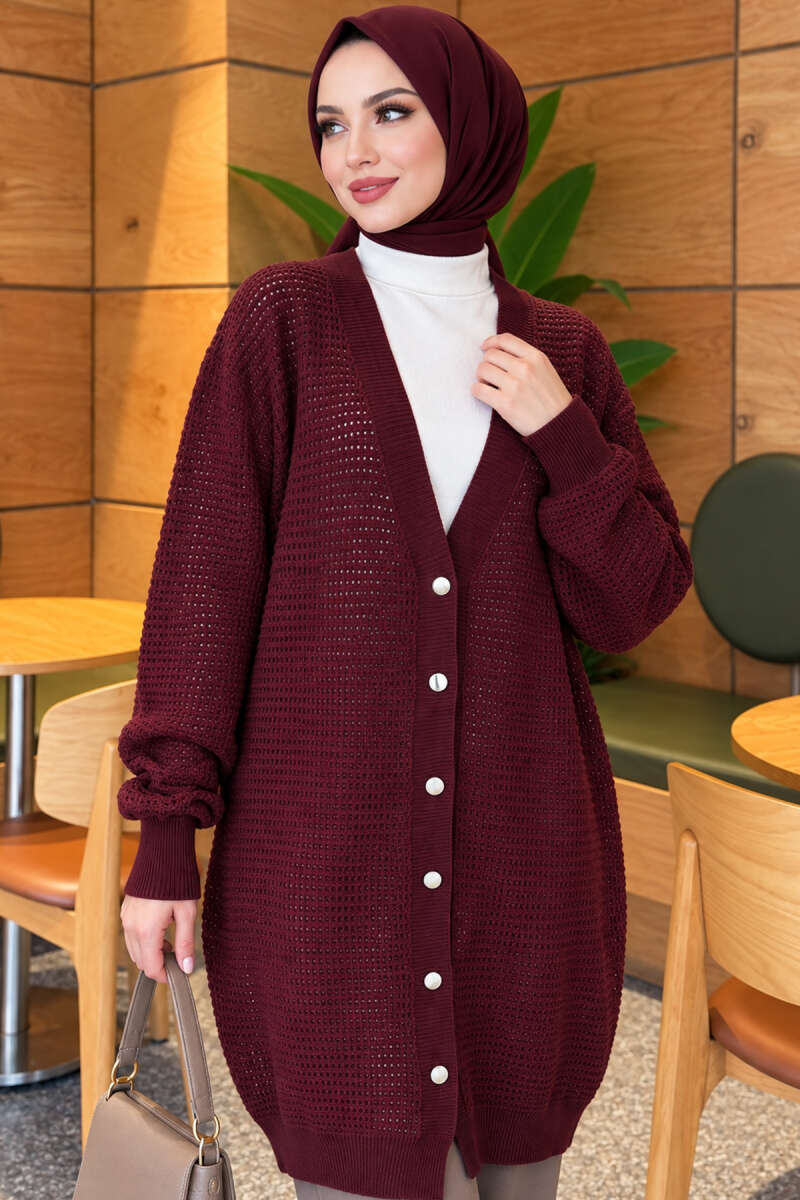 Lace-Patterned V-Neck Long Knit Cardigan Plum - Image 3