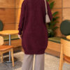 Lace-Patterned V-Neck Long Knit Cardigan Plum - Image 4