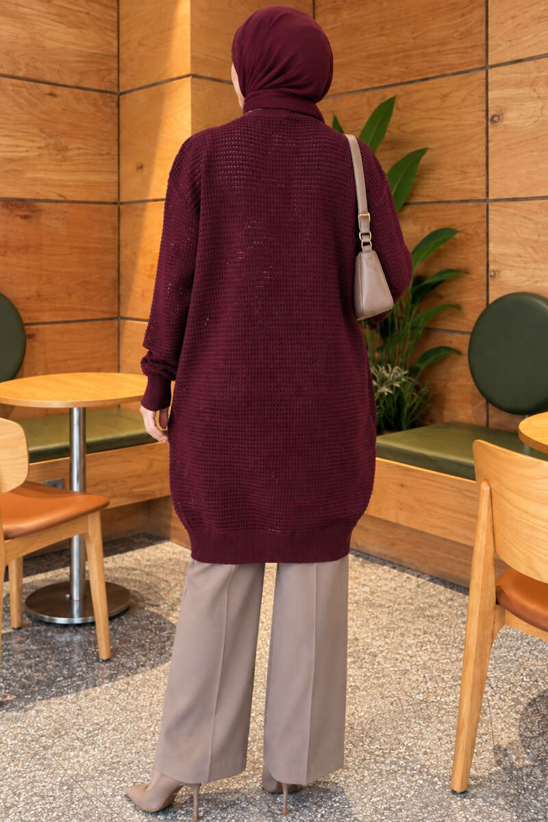 Lace-Patterned V-Neck Long Knit Cardigan Plum - Image 4