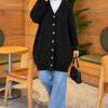 Lace-Patterned V-Neck Long Knit Cardigan Black - Image 2