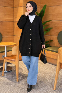 Alternative view of Lace-Patterned V-Neck Long Knit Cardigan Black