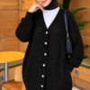 Lace-Patterned V-Neck Long Knit Cardigan Black - Image 3