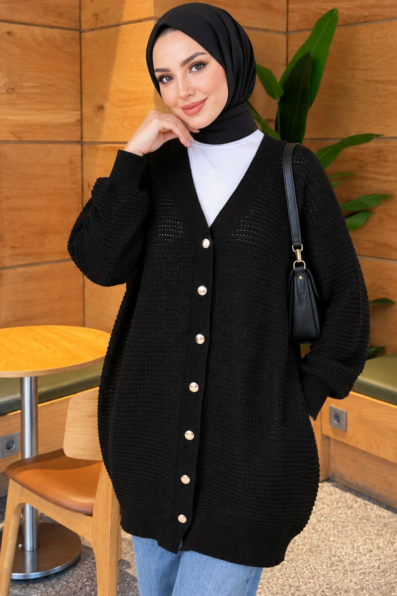 Lace-Patterned V-Neck Long Knit Cardigan Black - Image 3