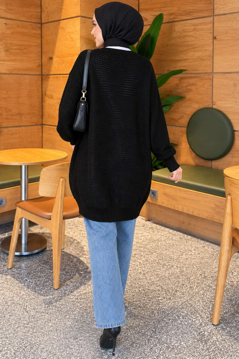 Lace-Patterned V-Neck Long Knit Cardigan Black - Image 4