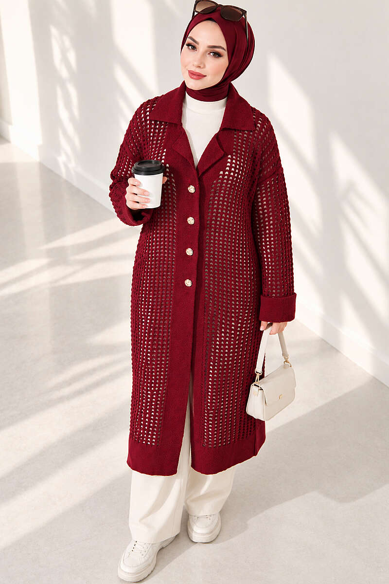 Textured Button-Detail Knit Cardigan Burgundy