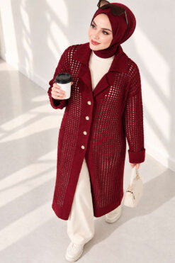 Alternative view of Textured Button-Detail Knit Cardigan Burgundy