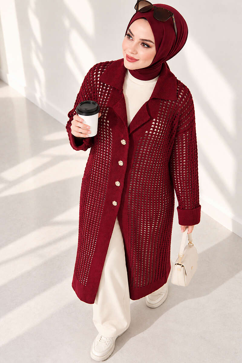 Textured Button-Detail Knit Cardigan Burgundy – Image 2