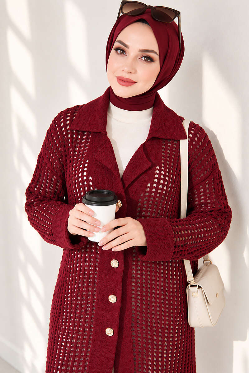 Textured Button-Detail Knit Cardigan Burgundy – Image 3