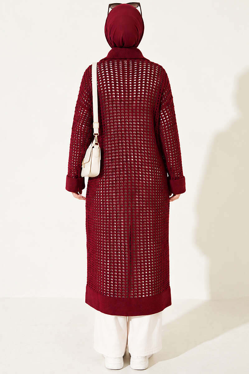 Textured Button-Detail Knit Cardigan Burgundy – Image 4