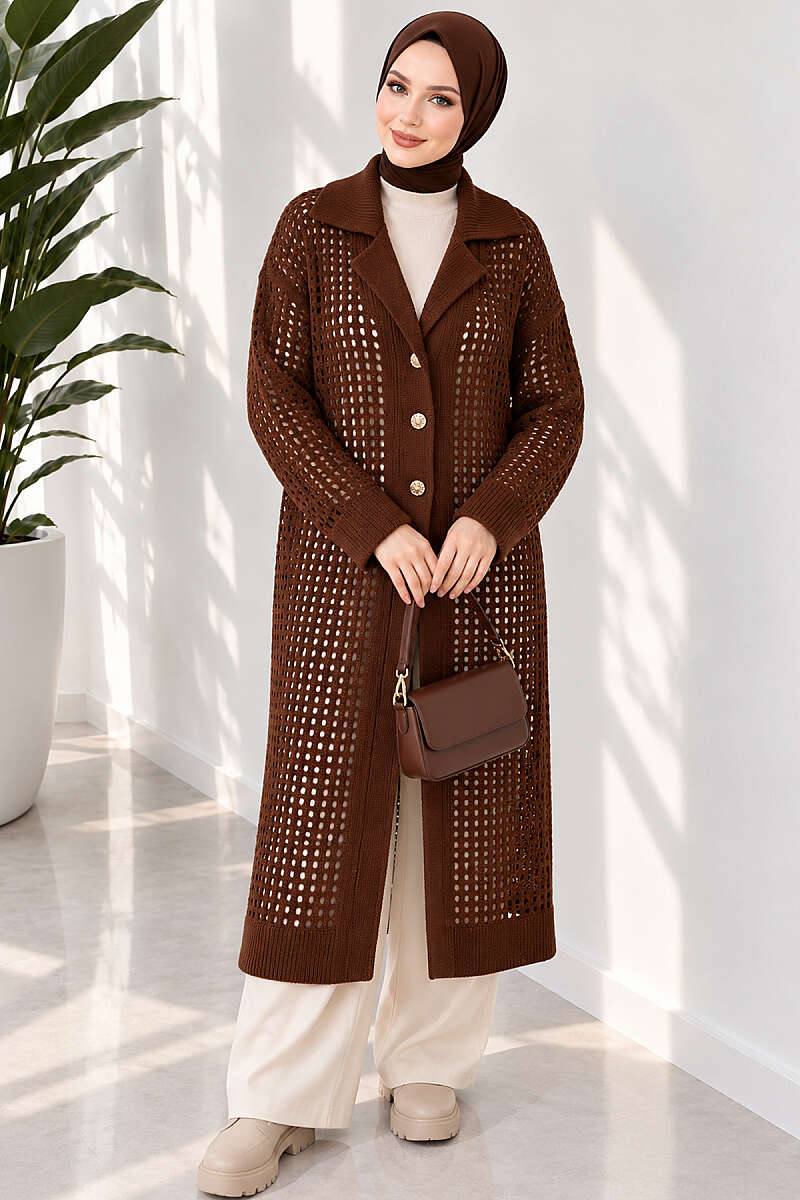 Textured Button-Detail Knit Cardigan Brown