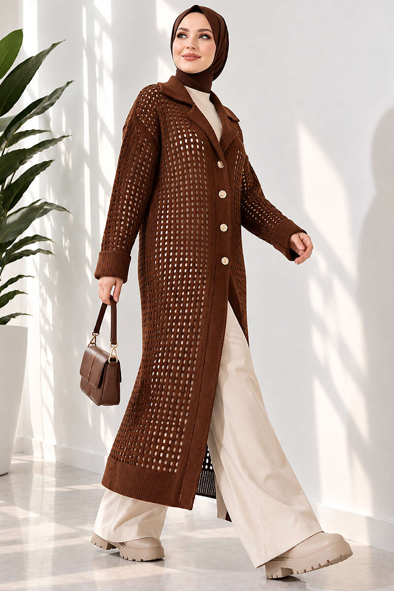 Textured Button-Detail Knit Cardigan Brown – Image 2