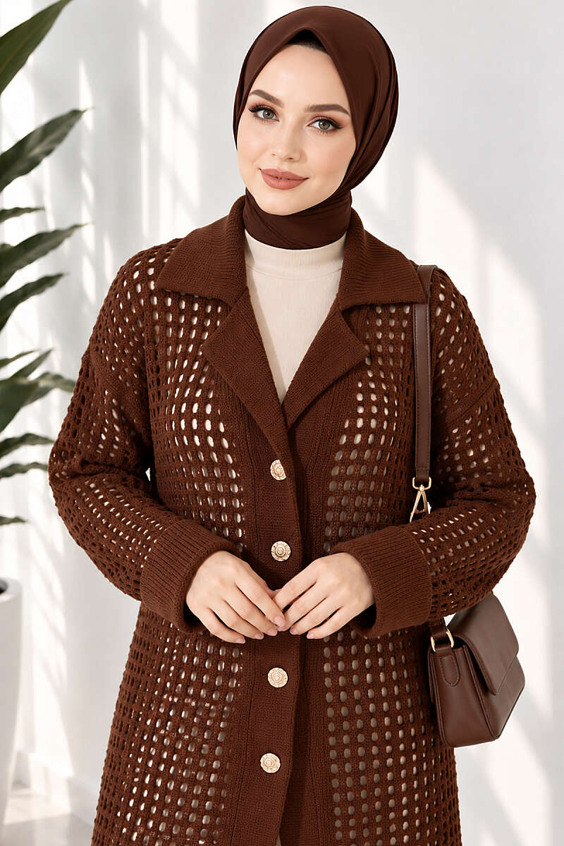 Textured Button-Detail Knit Cardigan Brown – Image 3