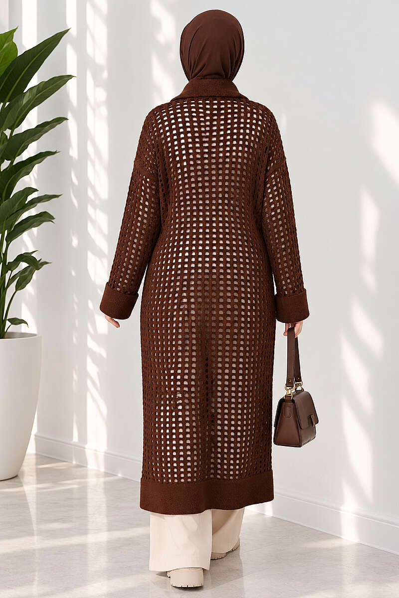 Textured Button-Detail Knit Cardigan Brown – Image 4