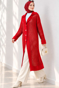 Alternative view of Textured Button-Detail Knit Cardigan Red