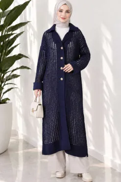 Textured Button-Detail Knit Cardigan Navy Blue