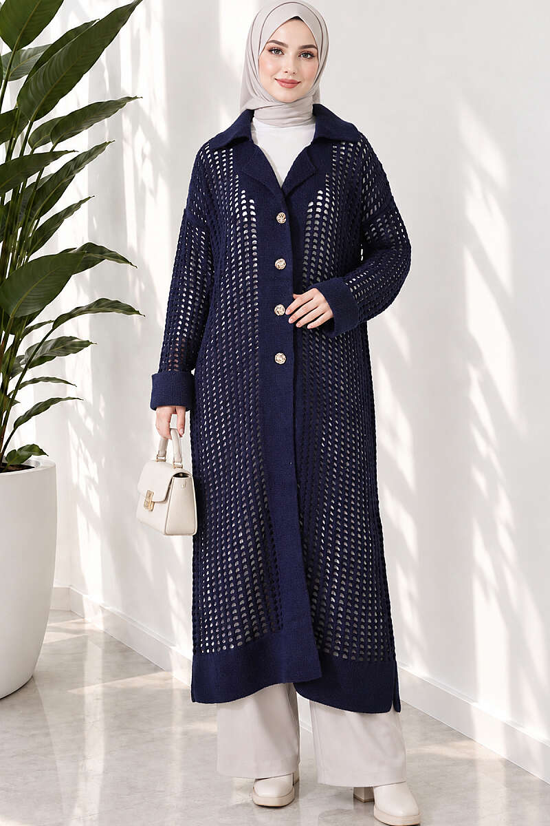 Textured Button-Detail Knit Cardigan Navy Blue