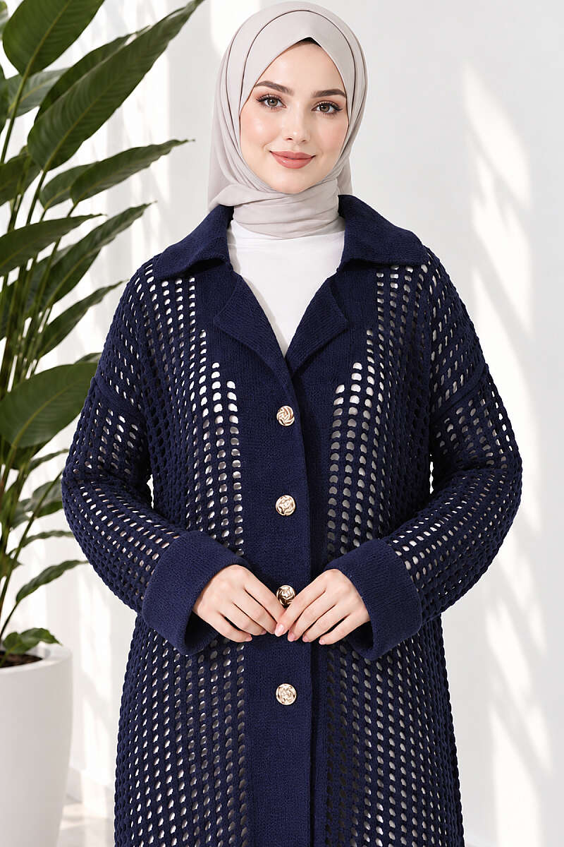 Textured Button-Detail Knit Cardigan Navy Blue - immagine 2