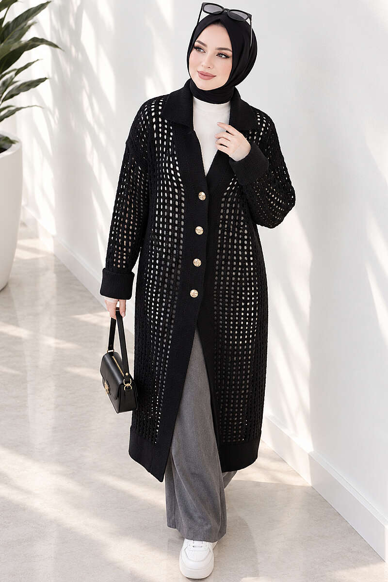 Textured Button-Detail Knit Cardigan Black – Image 2