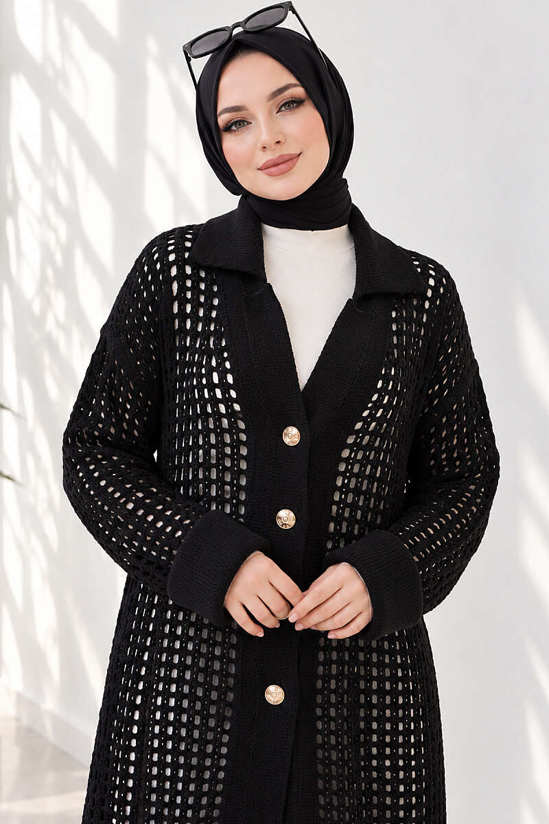 Textured Button-Detail Knit Cardigan Black – Image 3