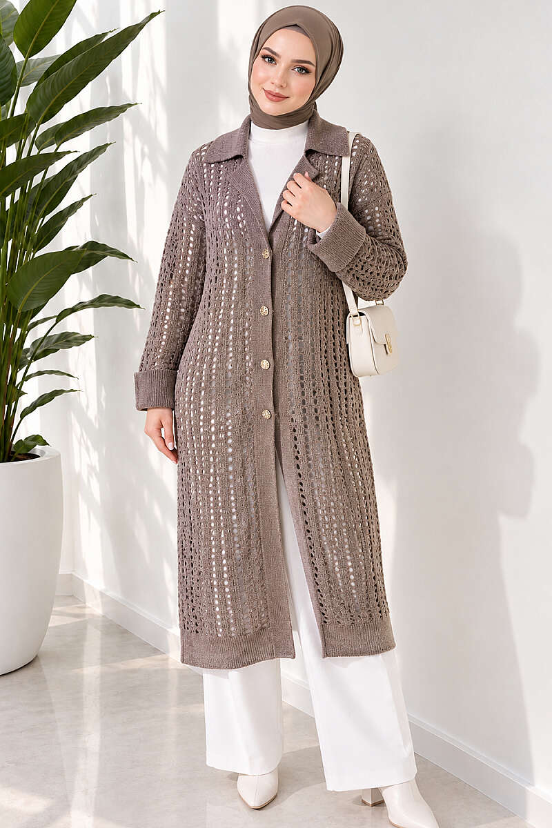 Textured Button-Detail Knit Cardigan Mink