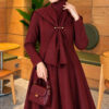 Embellished Cape Collar Flared Dress Burgundy - الصورة 2