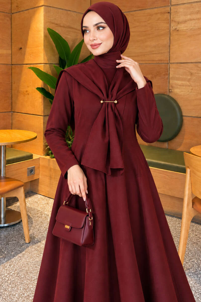 Embellished Cape Collar Flared Dress Burgundy - الصورة 2