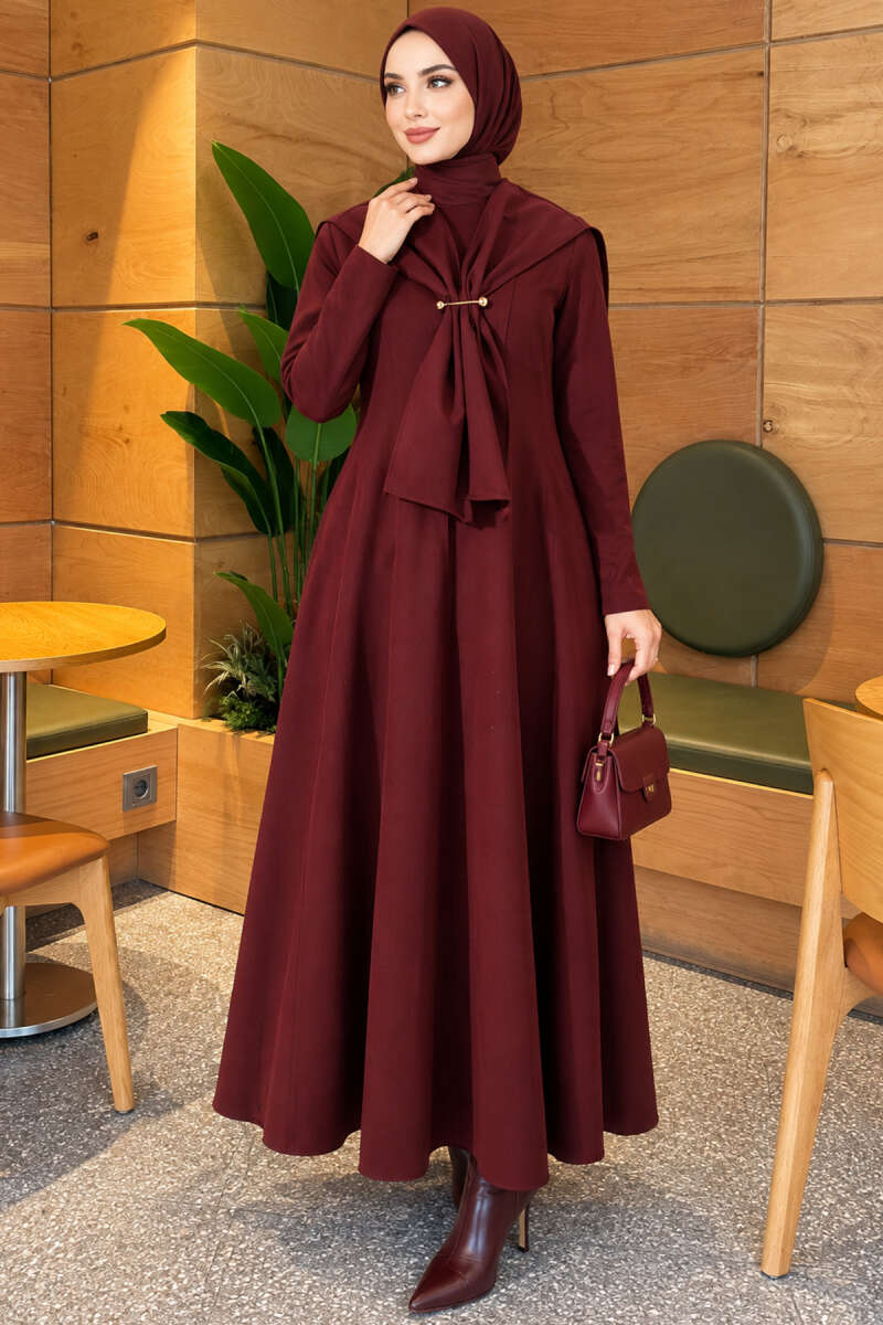 Embellished Cape Collar Flared Dress Burgundy - الصورة 3