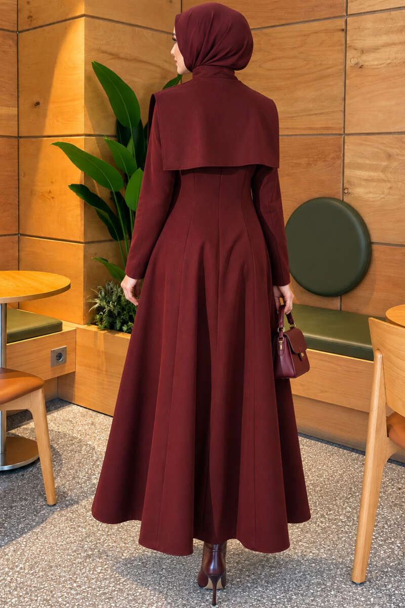 Embellished Cape Collar Flared Dress Burgundy - الصورة 4