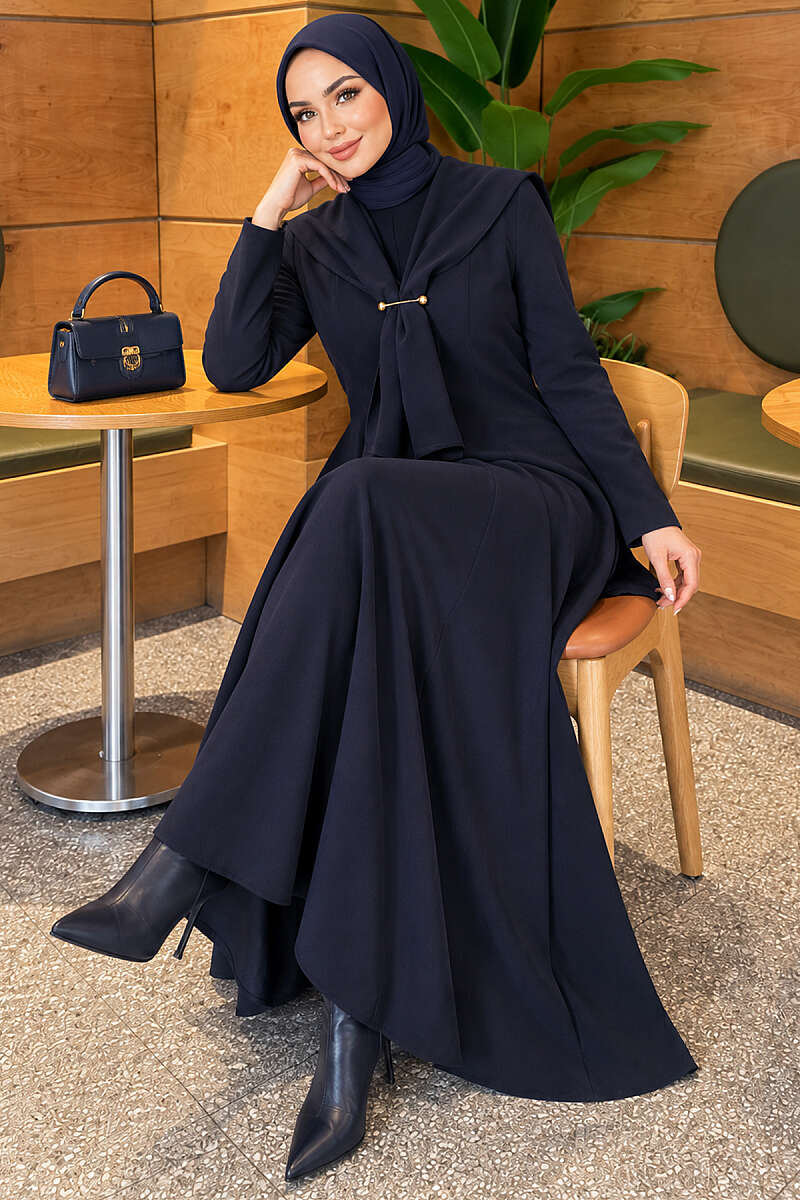 Embellished Cape Collar Flared Dress Navy Blue