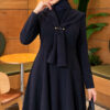 Embellished Cape Collar Flared Dress Navy Blue - الصورة 2
