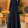Embellished Cape Collar Flared Dress Navy Blue - الصورة 3