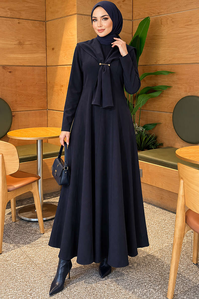 Embellished Cape Collar Flared Dress Navy Blue - الصورة 3