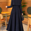 Embellished Cape Collar Flared Dress Navy Blue - الصورة 4