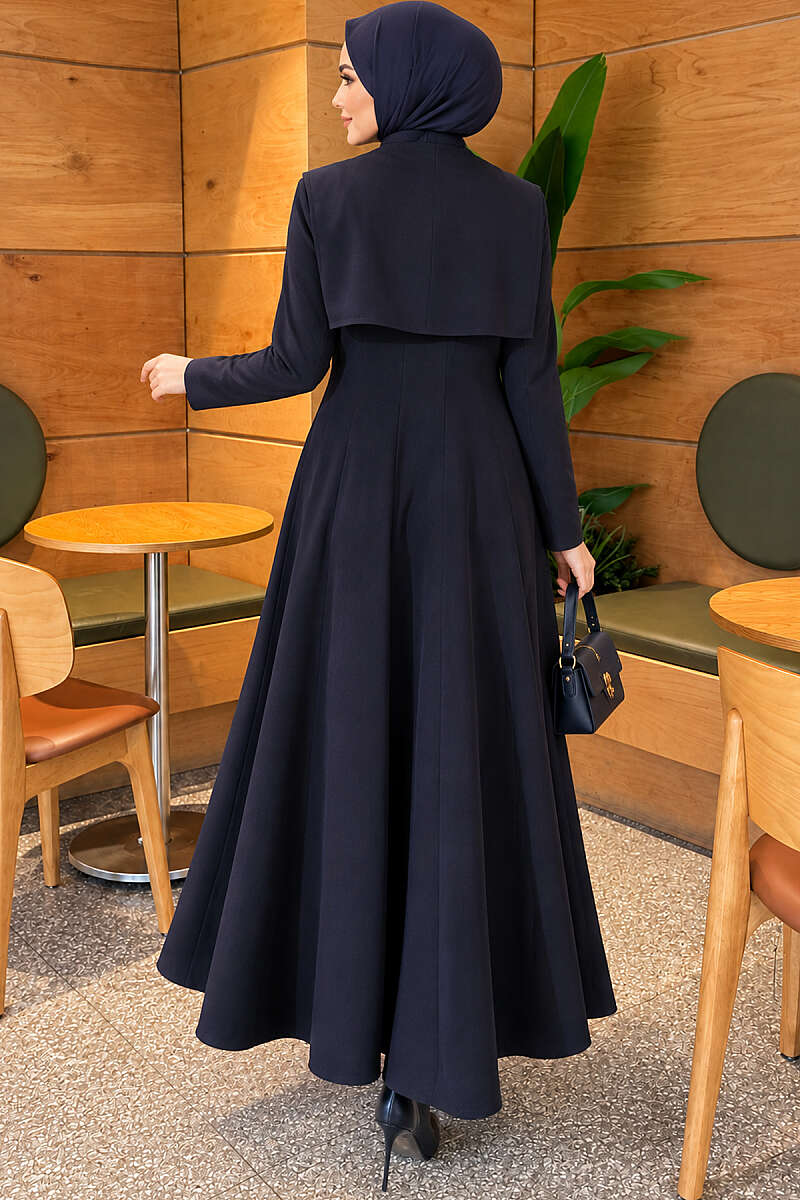 Embellished Cape Collar Flared Dress Navy Blue - الصورة 4