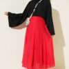 ⁦Back Waistband Elastic Flared Skirt Red⁩ - الصورة ⁦2⁩