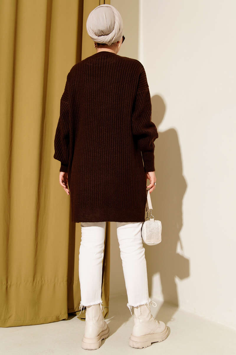 Asymmetrical Embossed Striped Knit Tunic Brown – Image 3