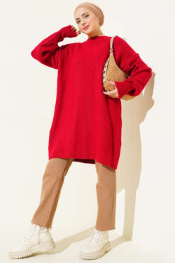 Alternative view of Asymmetrical Embossed Striped Knit Tunic Red