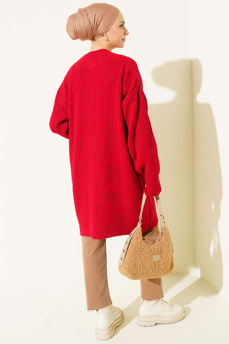 Asymmetrical Embossed Striped Knit Tunic Red - الصورة 3