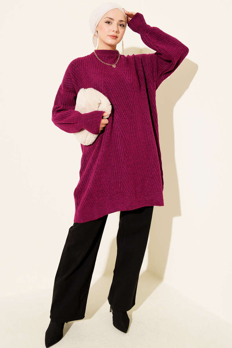 Asymmetrical Embossed Striped Knit Tunic Violet - الصورة 2