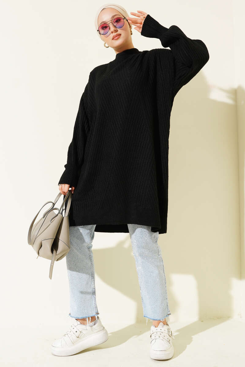 Asymmetrical Embossed Striped Knit Tunic Black
